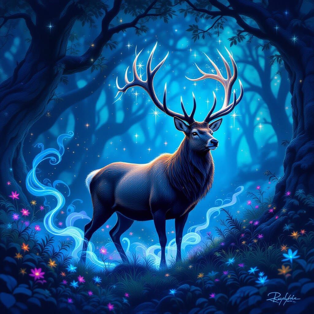 Stag of Starlight in Enchanted Bioluminescent Forest