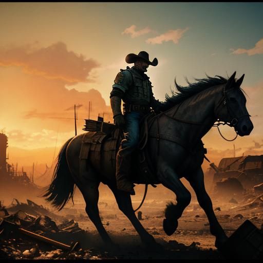 Wasteland Cowboy in Watercolor Sunset