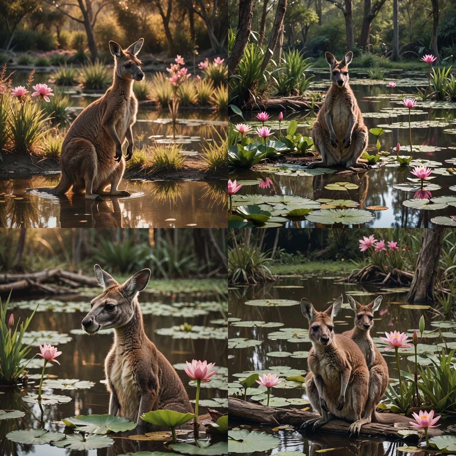 Kangaroo with Joey and Flower by Pond