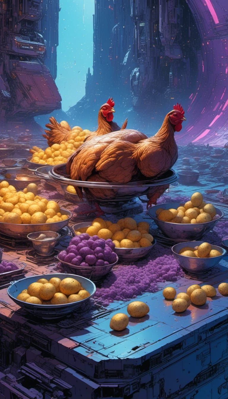 Futuristic Ethereal Chicken and Potatoes in Zero Gravity