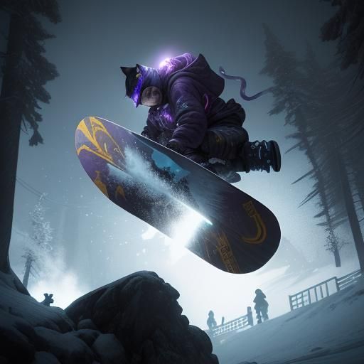 Hyperdetailed Snowboarding Kitten in Dark Fantasy Style