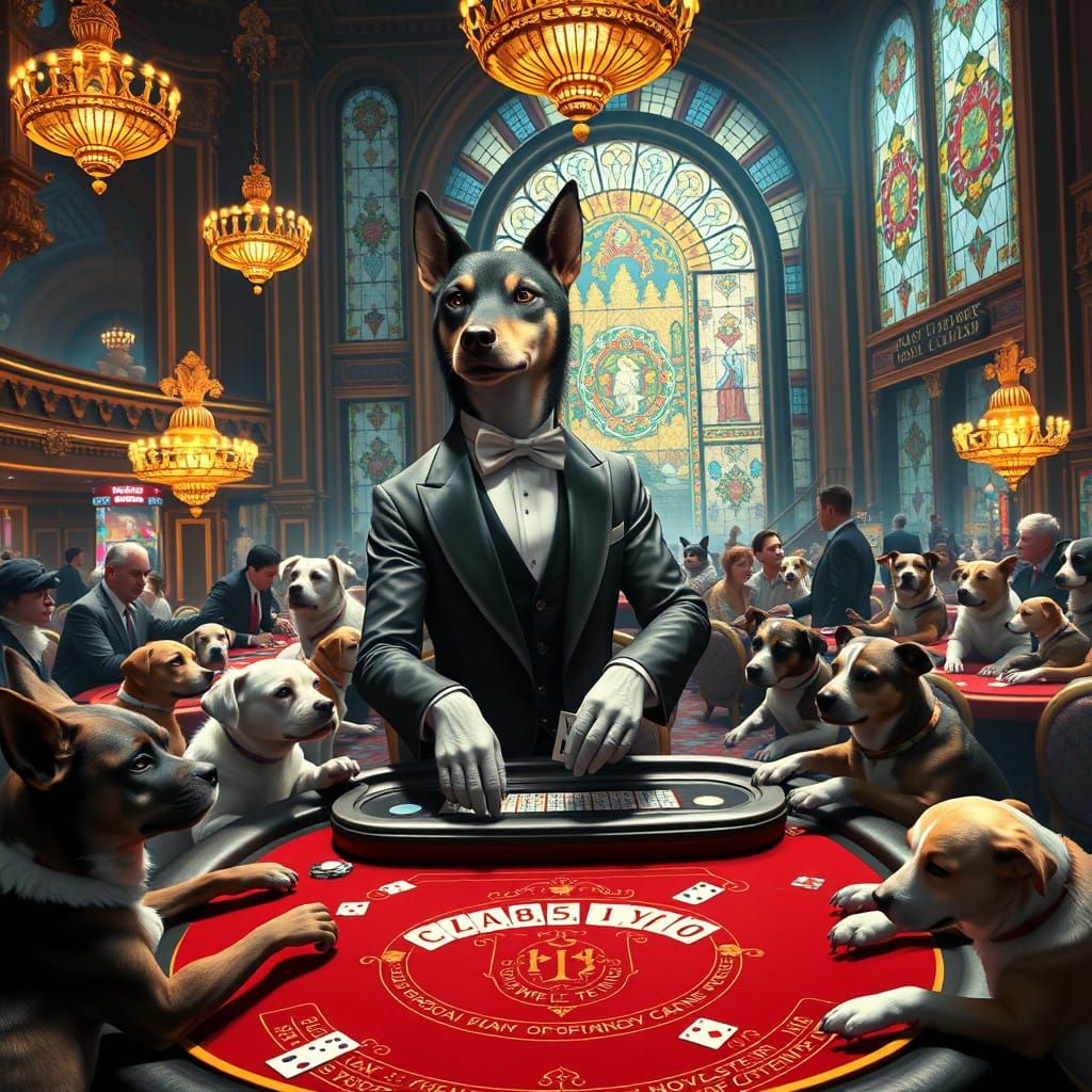 Dogs Deal Blackjack in a High-Stakes Casino Scene