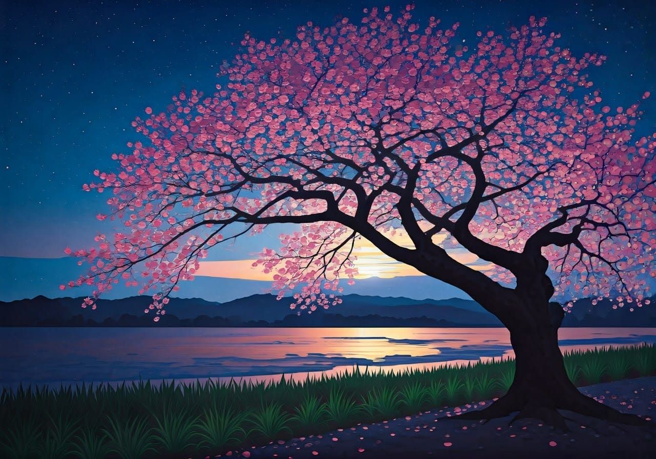 Cherry Blossom Tree Illuminated in Sumi-e Style