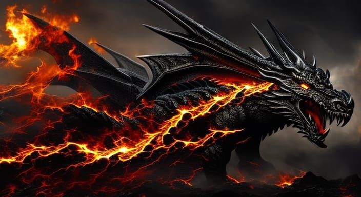 Epic Black Dragon God in Fire and Magic