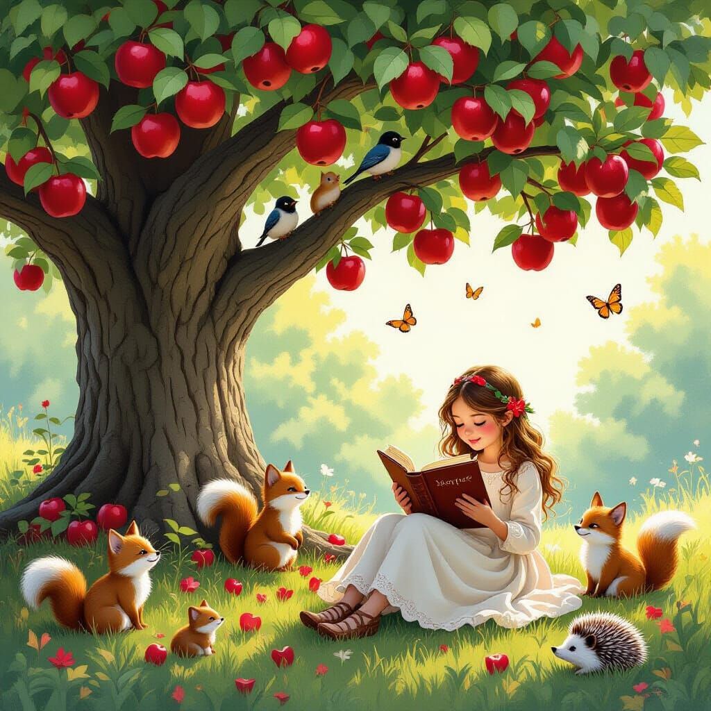 Enchanted Apple Tree Scene with Forest Animals