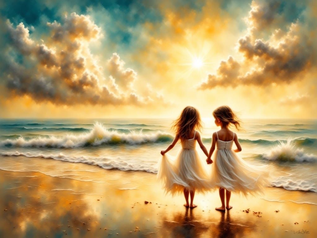 Sisters and Kittens in Golden Beach Glow