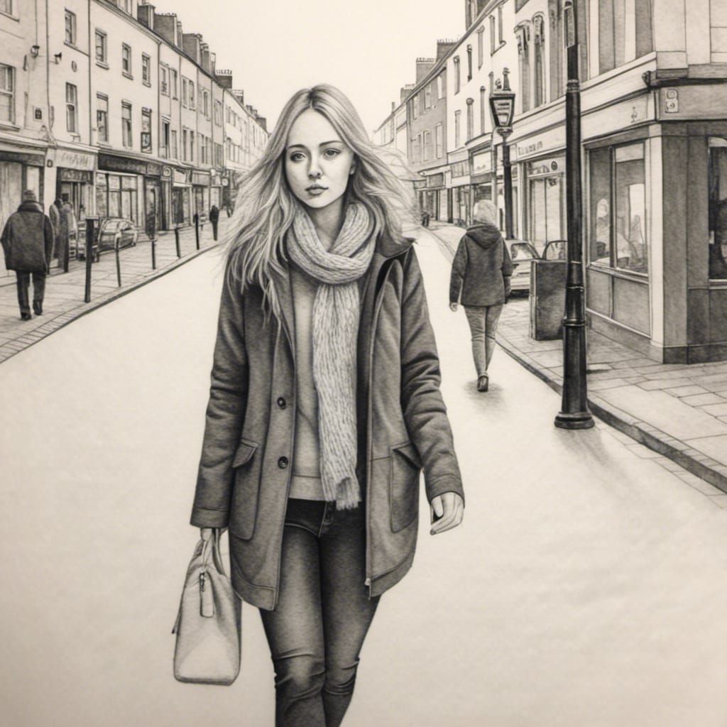 Liberated Trans Woman Walking into Town: Pencil Drawing