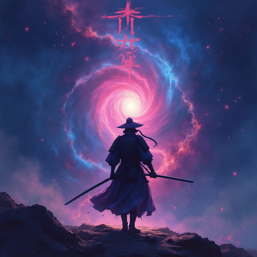 Samurai Warrior Against Swirling Nebula with Glowing Katana
