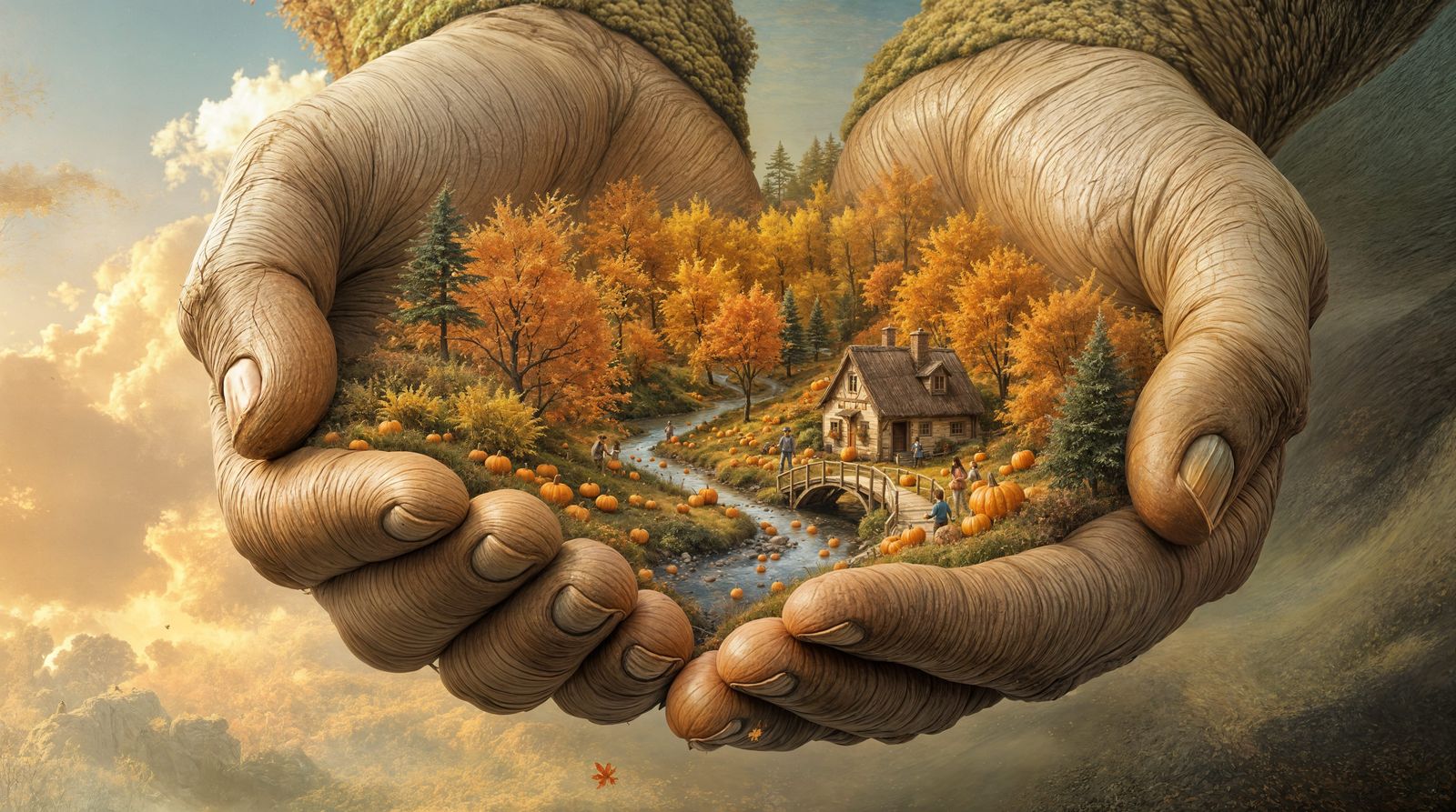 Weathered Hands Cradle Vibrant Autumn Valley