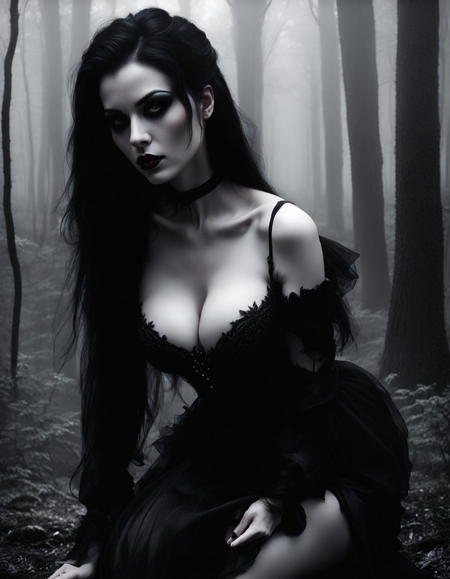 Goth Woman Kneeling in Dark Fantasy Forest