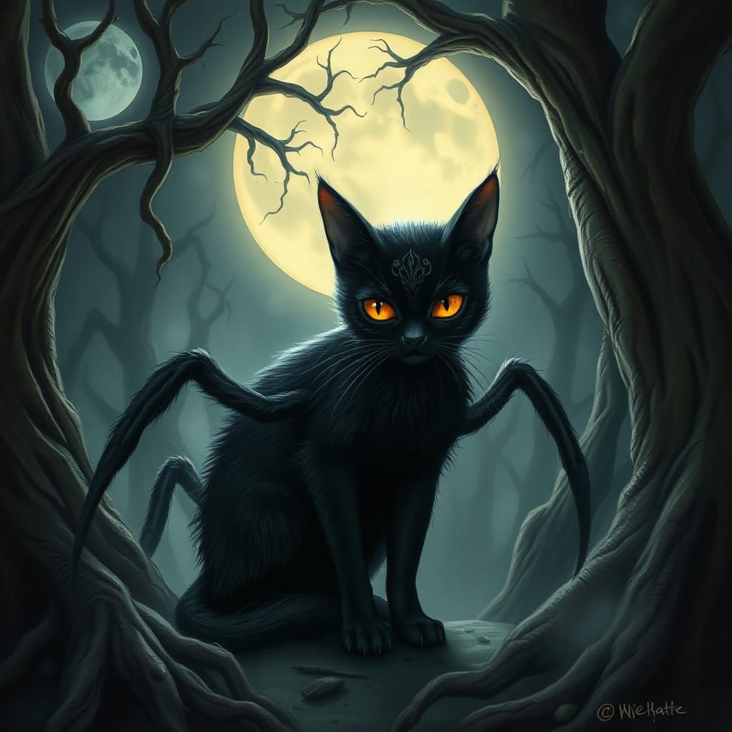 Surreal Furry Black Cat with Spider Features