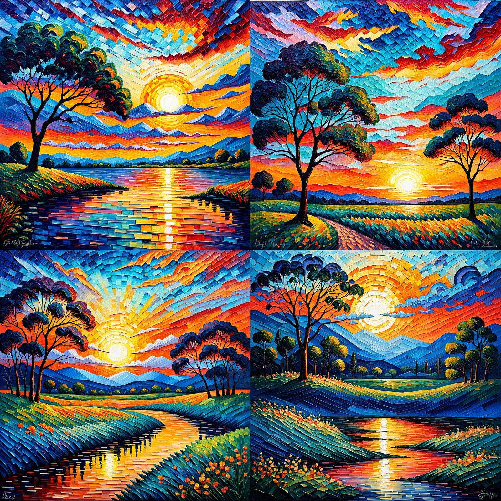 Colorful Sunset in Neo-Impressionist Oil Painting Style