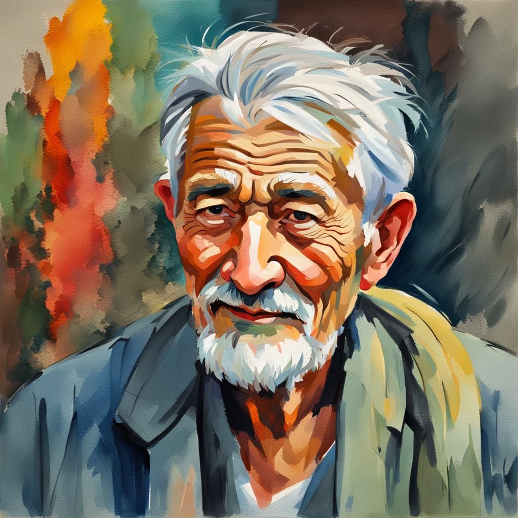 Kind Tatar Grandfather: Gouache and Watercolor Portrait