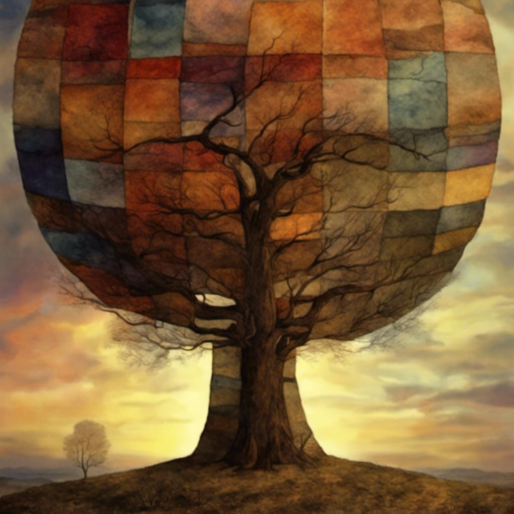 Colorful Sunset Tree in Patchwork Watercolor Style