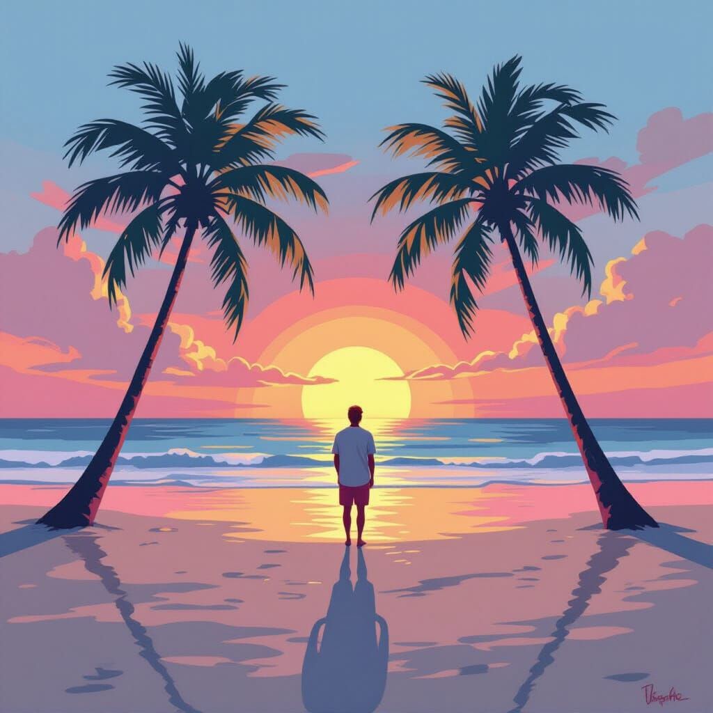 Lone Figure on Serene Beach at Sunset in Color Field Style
