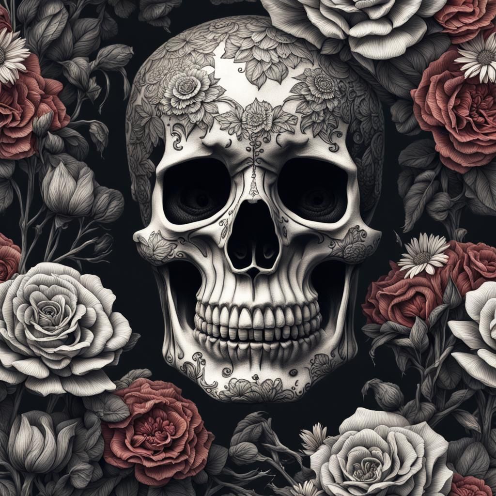 Intricate Skeleton Face with Flowers in HDR