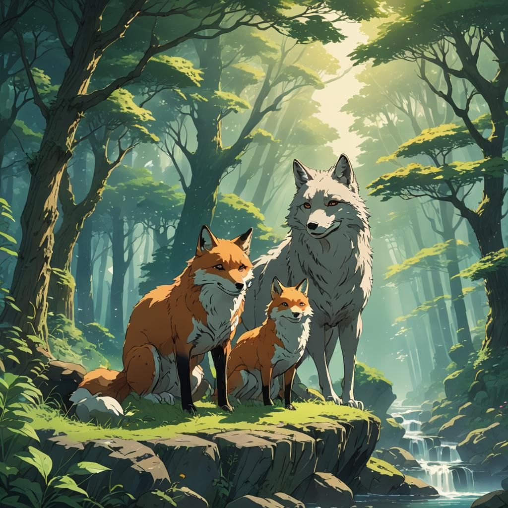 Fox and Wolf in Studio Ghibli Anime Style