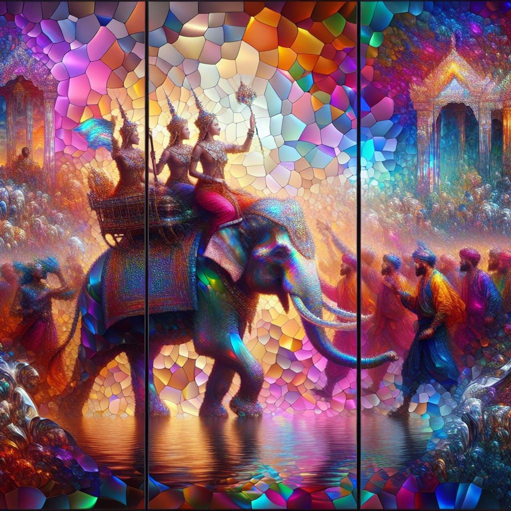 Surreal South Asian Princess Riding Elephant in Vibrant Refr...