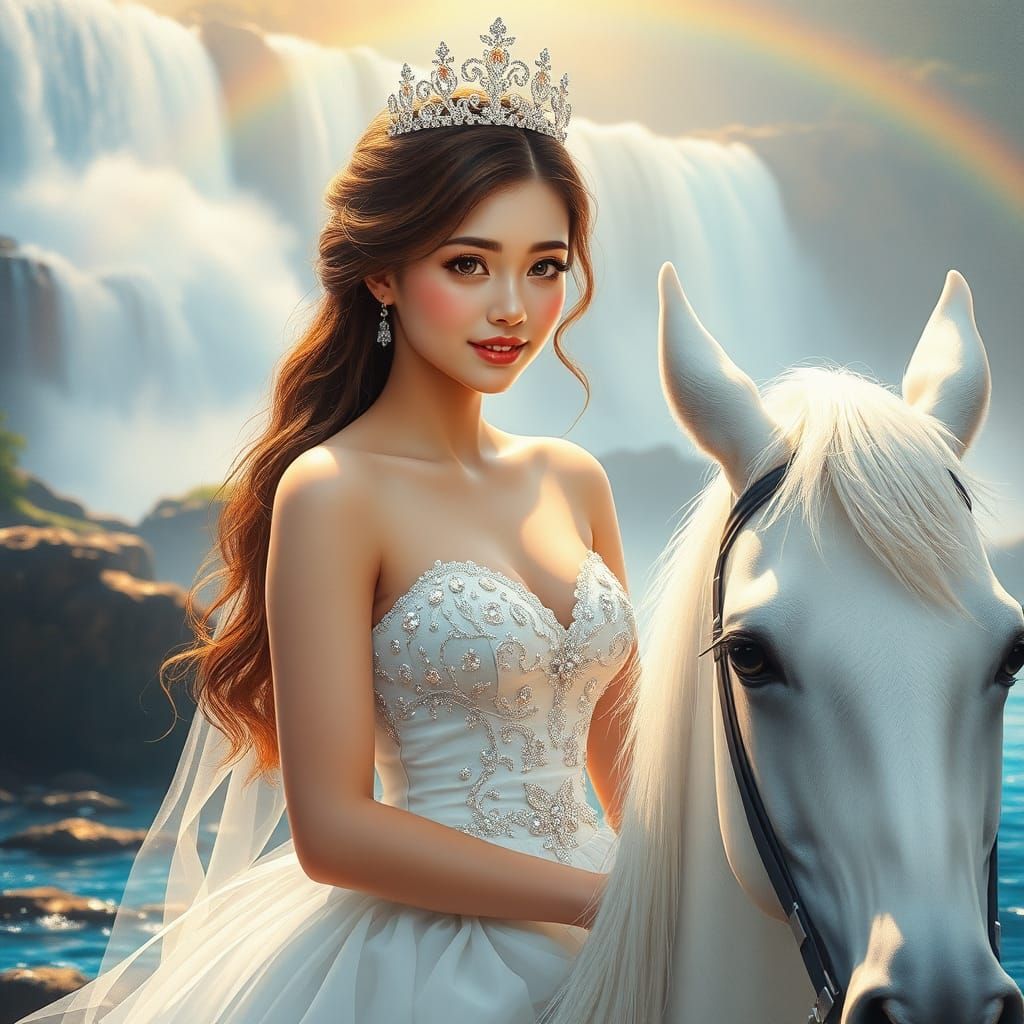 Woman with Diamond Crown by River, Oil Painting