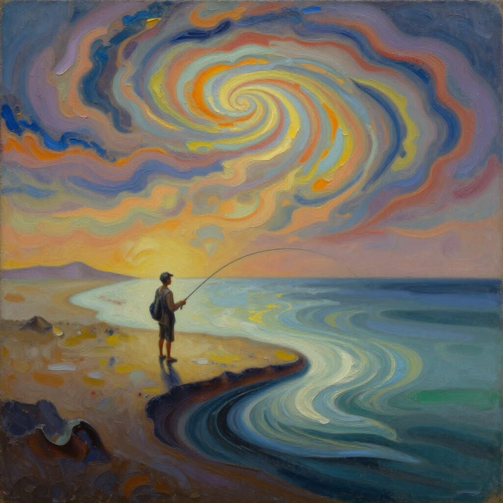 Surreal Fisherman in Dali-esque Dreamscape Oil Painting