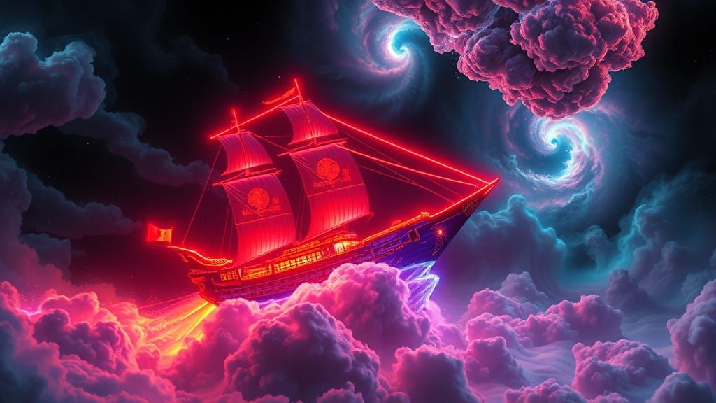 Futuristic Chinese Treasure Ship Sailing Neon Nebulae
