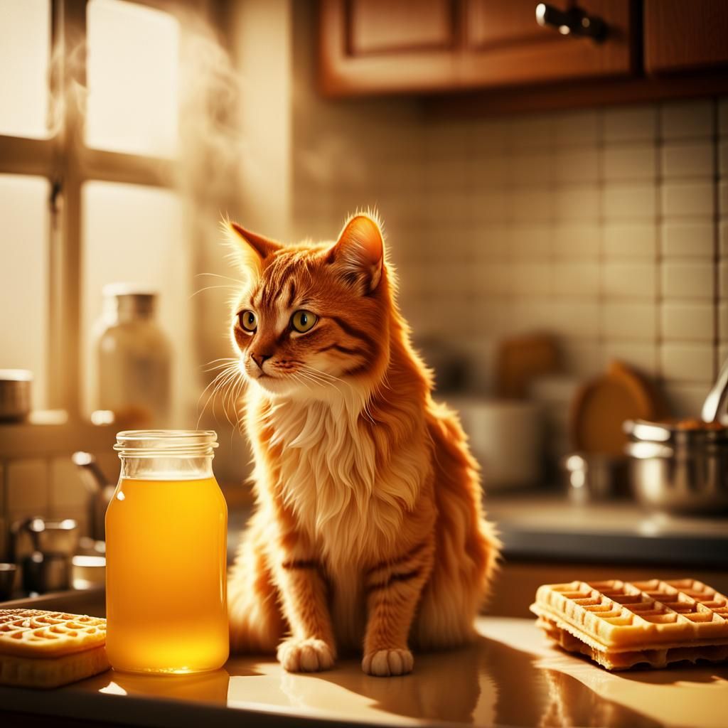 Waffle Cat Cinematic Still with Golden Lighting