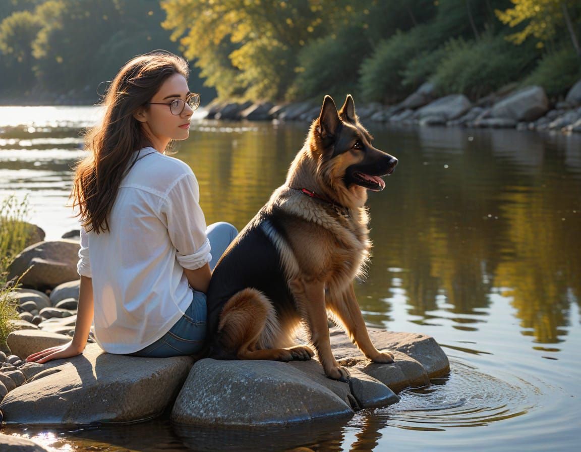 Relaxed Teenage Girl on Rocky Riverbank with Loyal Dog