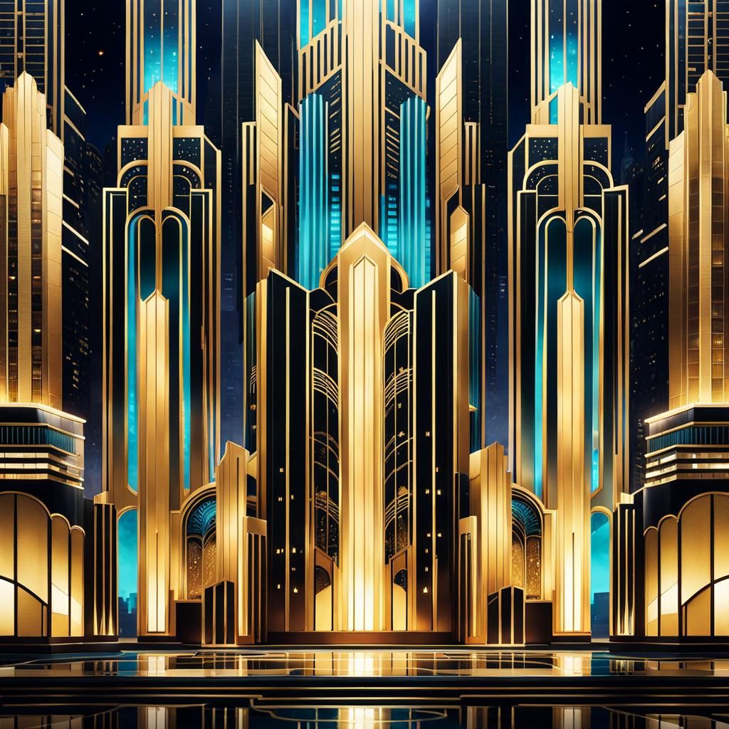 Futuristic Art Deco Skyscraper at Night in 8K