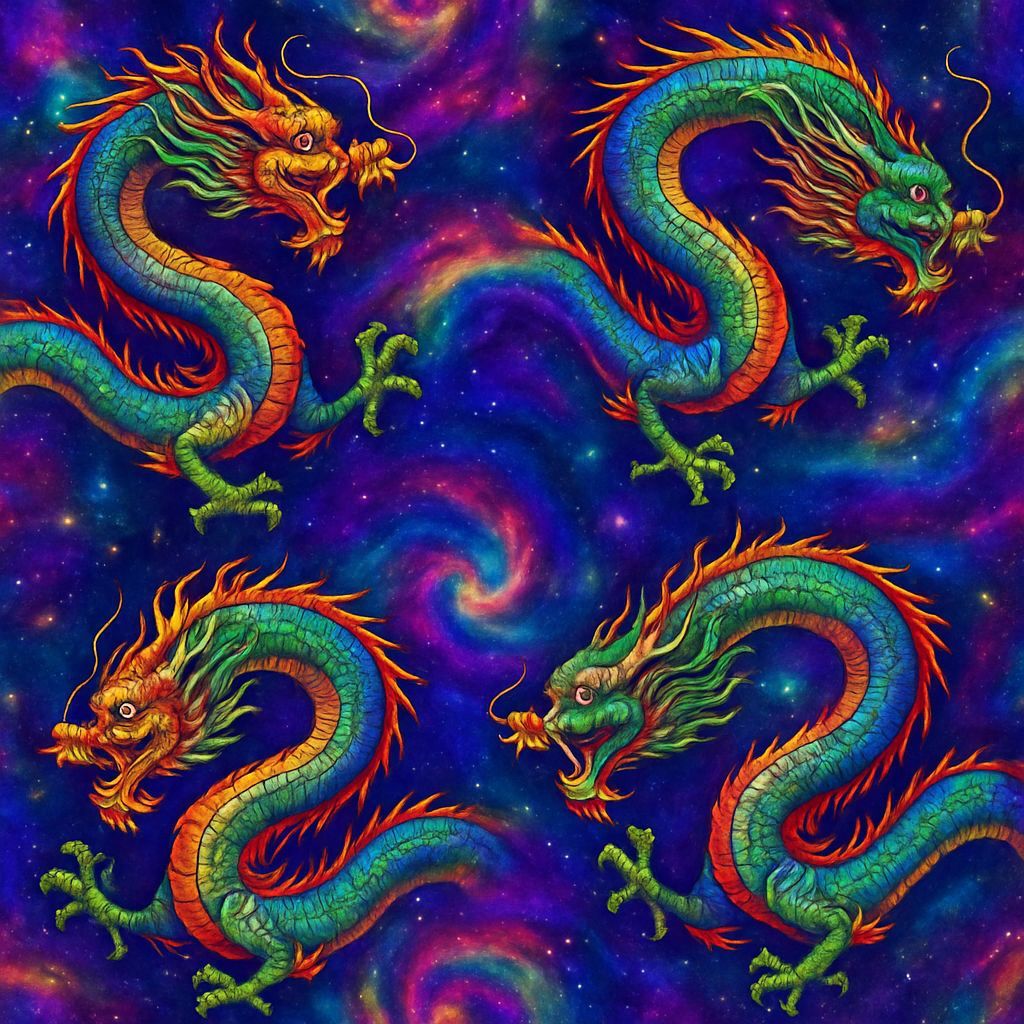 Chinese Dragon Soaring Through Chromatic Galaxy Pattern