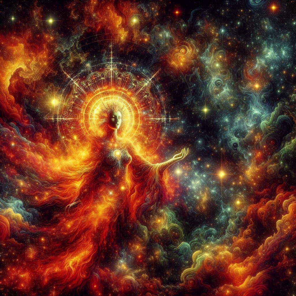Cosmic Goddess Fire-Born Shines Amidst Vibrant Stellar Lands...