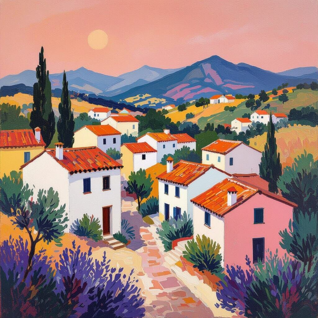 Fauvist Landscape Painting with Colorful Houses and Mountain...