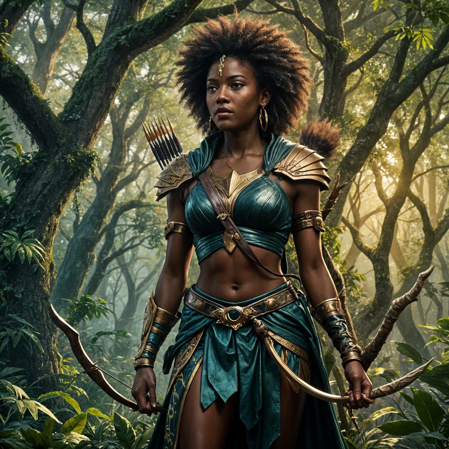 African Huntress Ready to Strike in Fantasy Forest