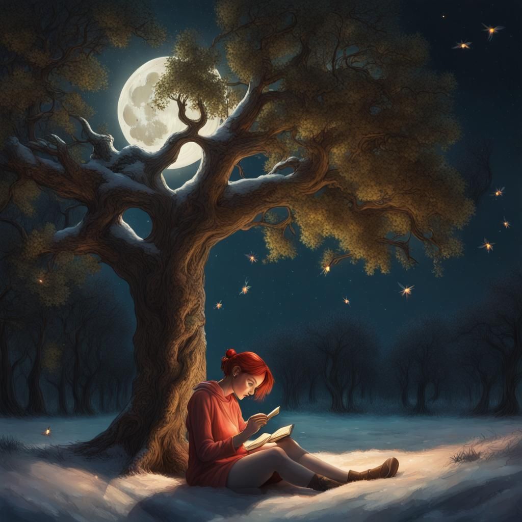 Enchanted Snowy Tree with Fireflies and Moon