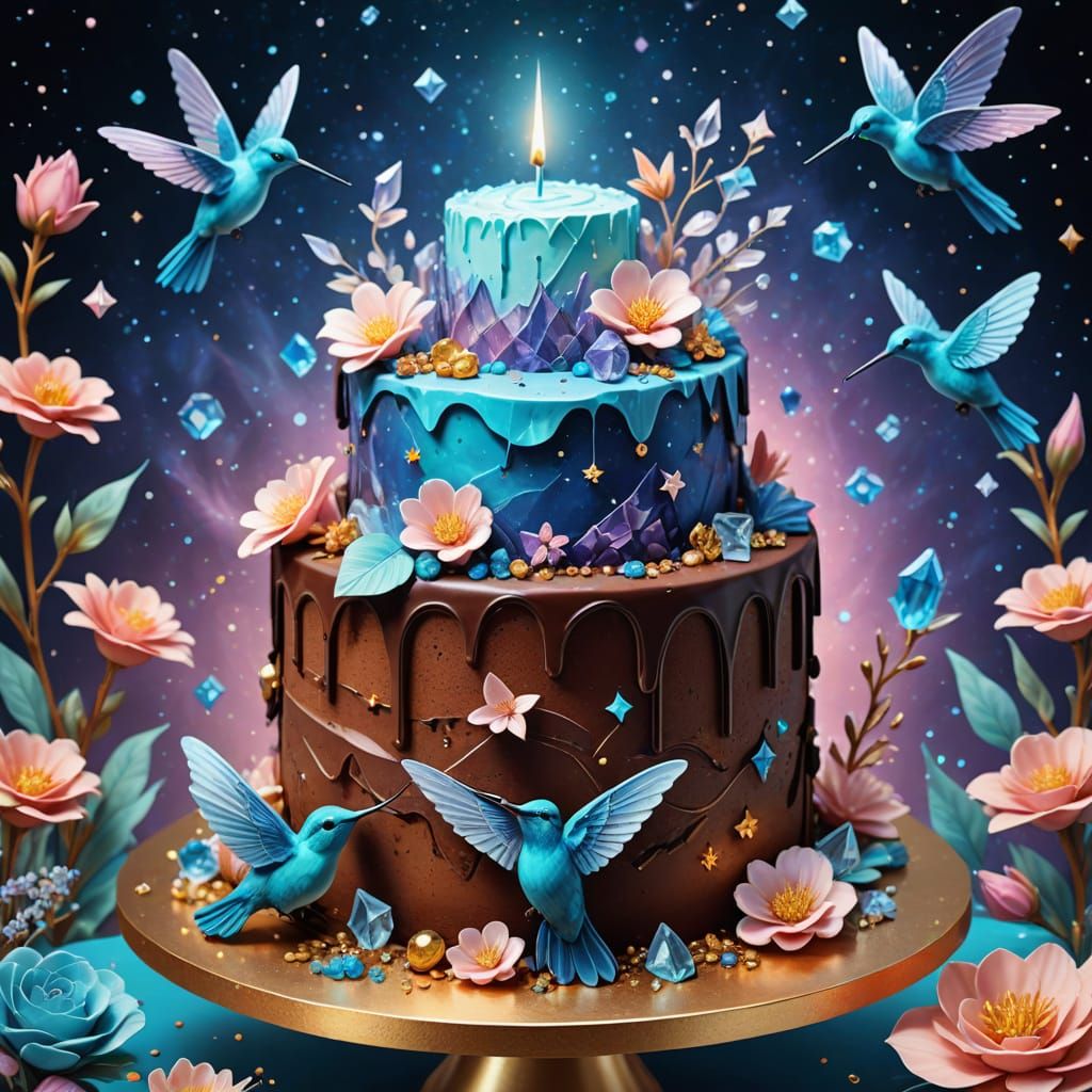 Magical Crystal-Inspired Chocolate Cake in Astral Illustrati...