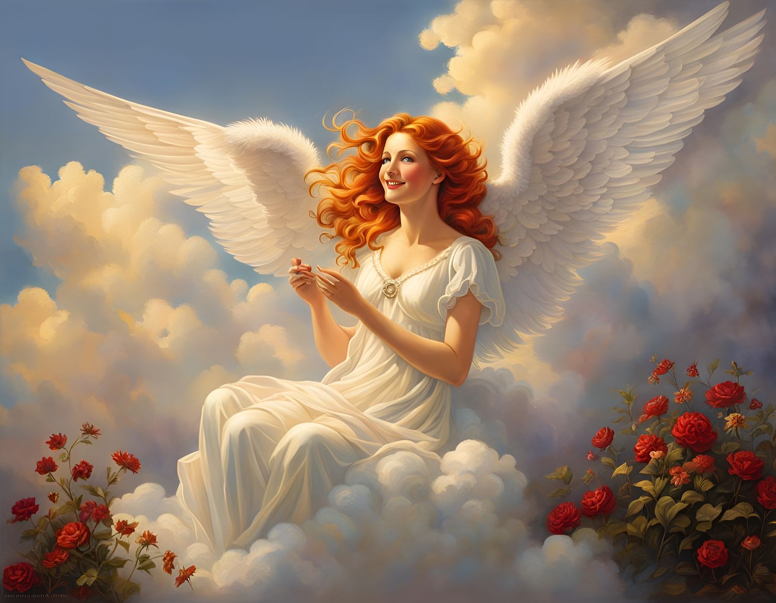 Red-Haired Angel on Cloud with Gossamer Wings