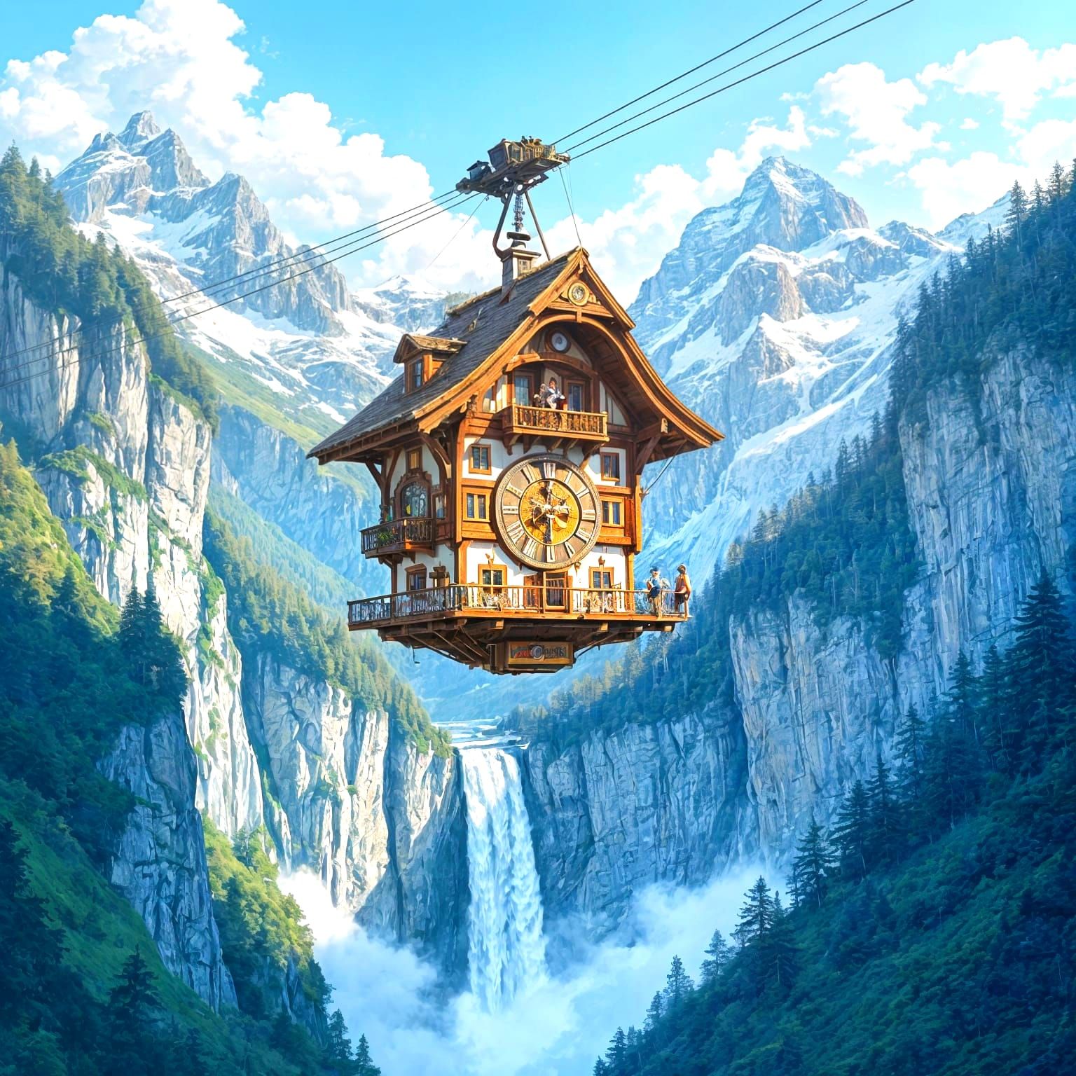 Cuckoo Clock Cable Car Over Swiss Alps Waterfall