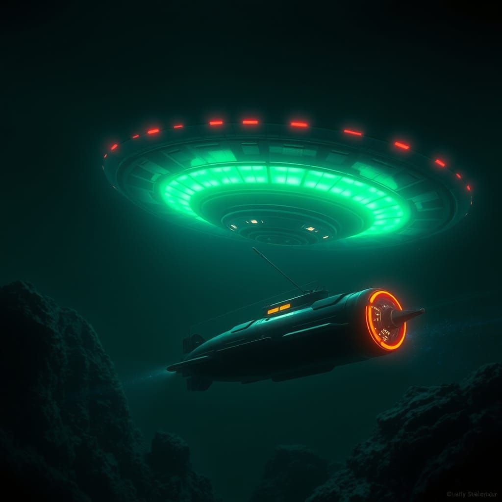 Submarine Encounter with Flying Saucer in Bioluminescent Oce...