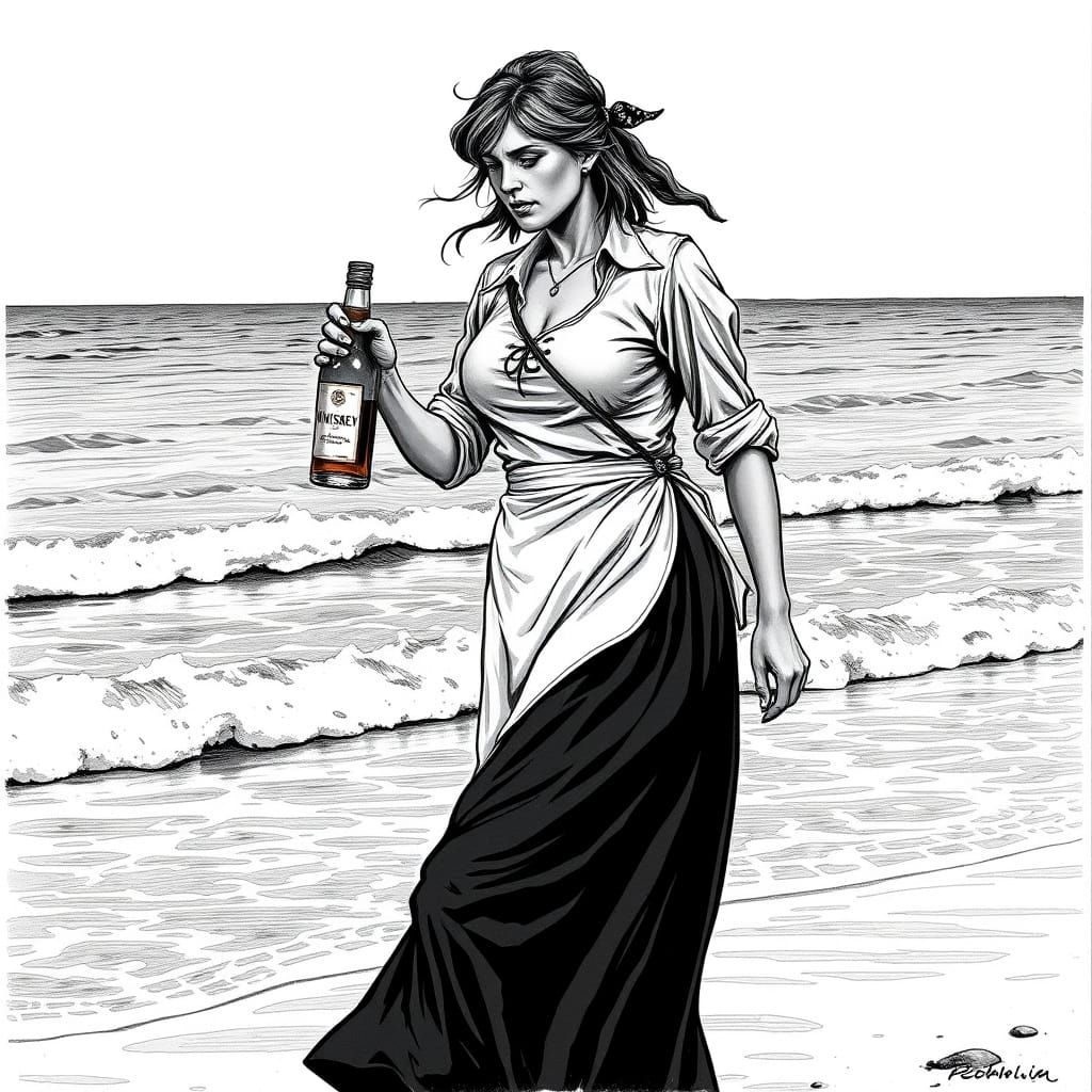 Woman Staggers on Shore in Expressive Woodcut Style