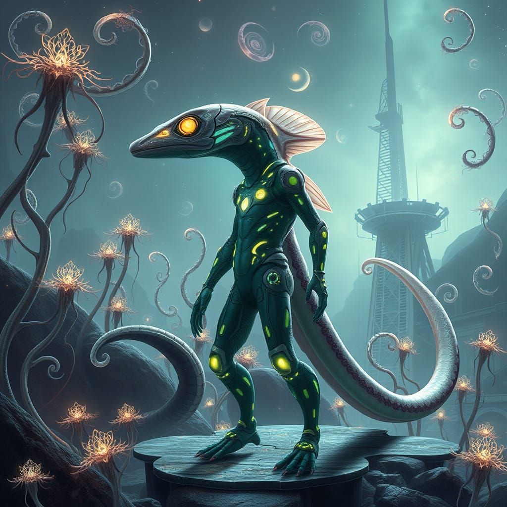 Surreal Amphibian Bio-Suit Warrior in Cyberpunk Dreamscape