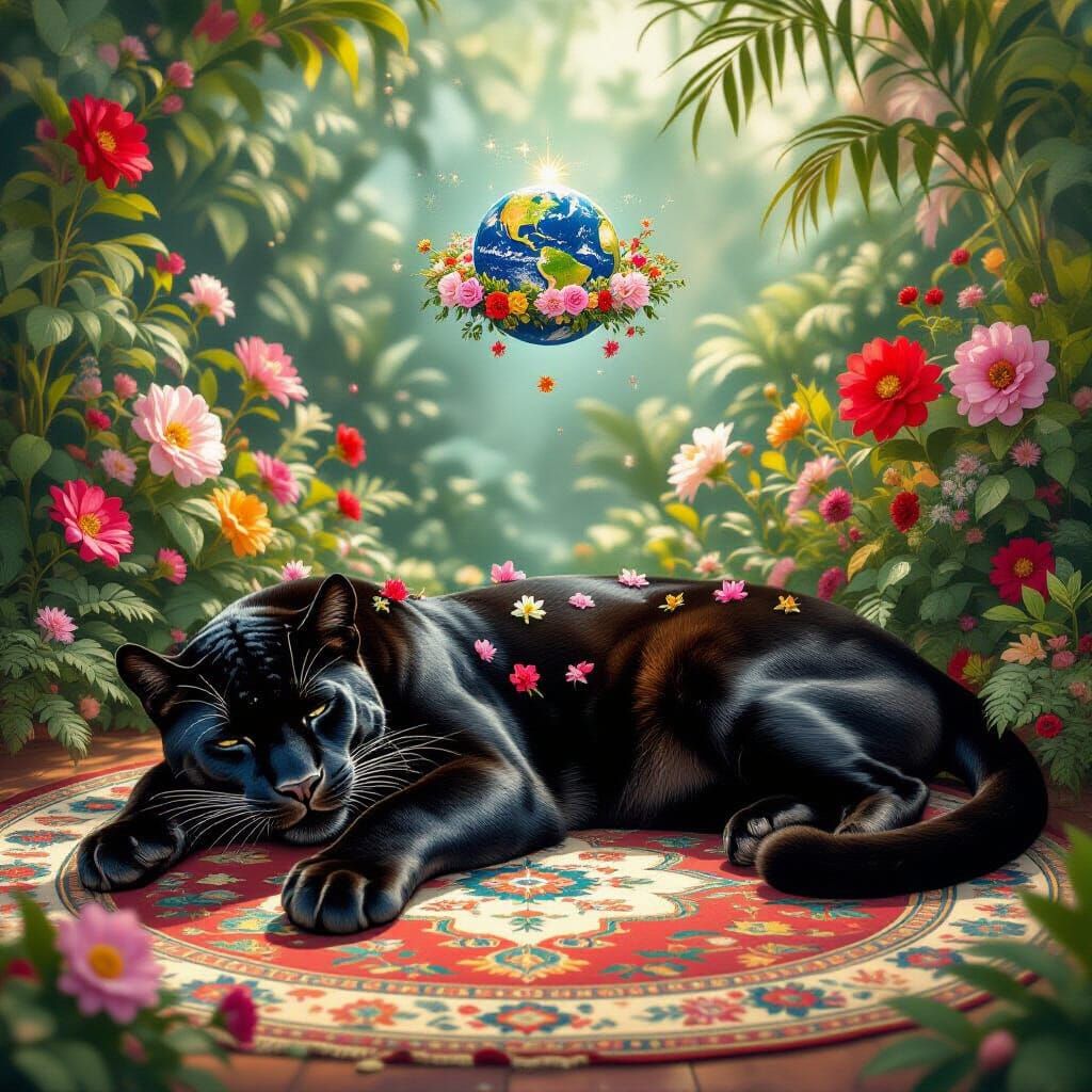Panther Resting Amidst Enchanting Floral Planet Scene