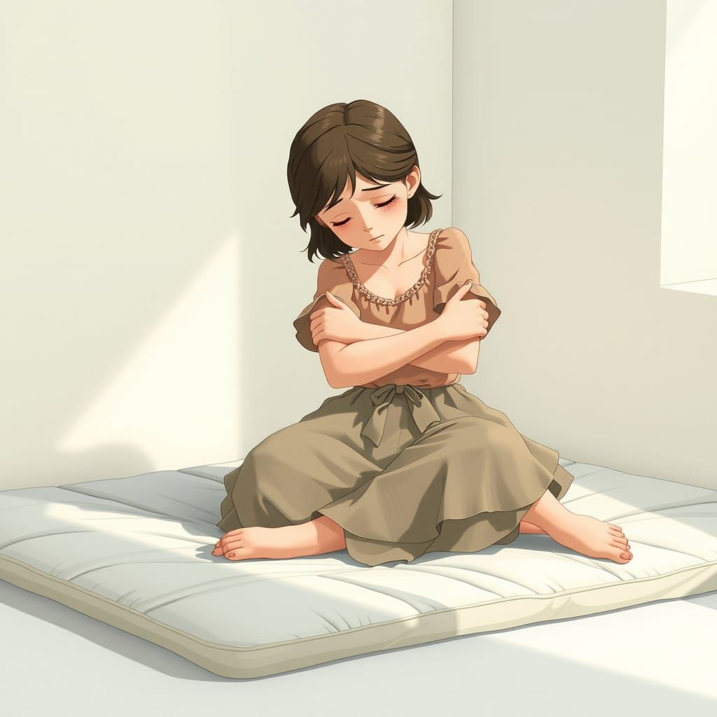 Sad Girl in Green Room, Anime-Inspired Art