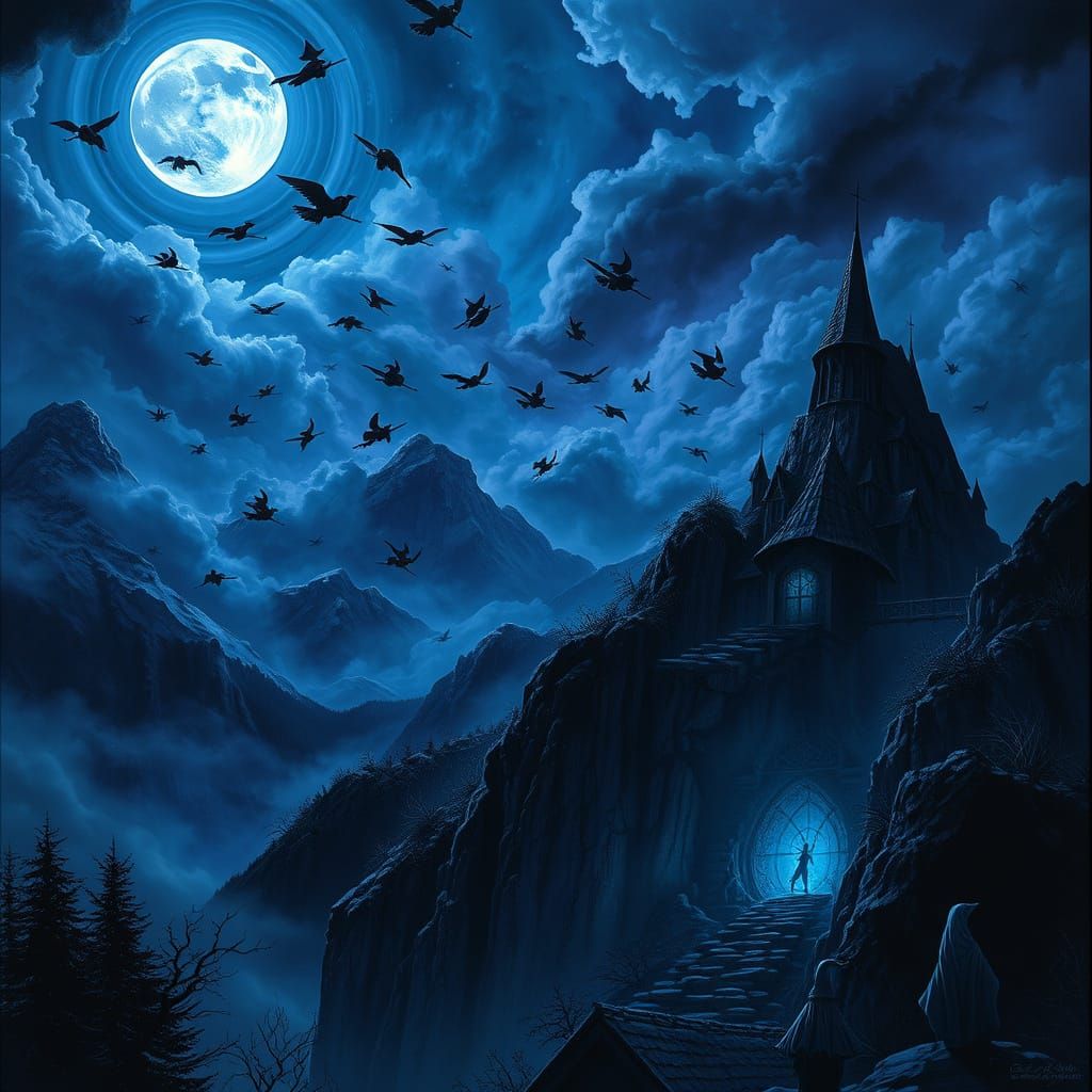 Witches Fly to Hidden Grotto on Stormy Moonlit Night