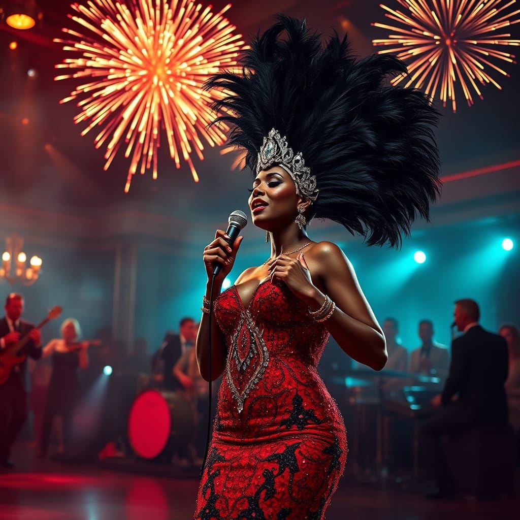 Showgirl Sings Jazz in Smoky Club with Fireworks