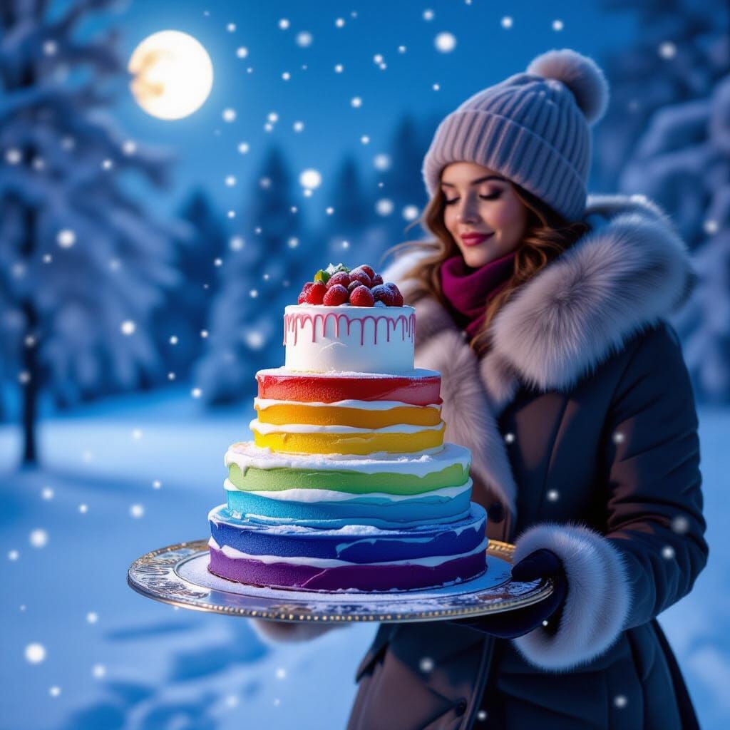 Magical Rainbow Cake on Winter Night, Illuminated by Etherea...