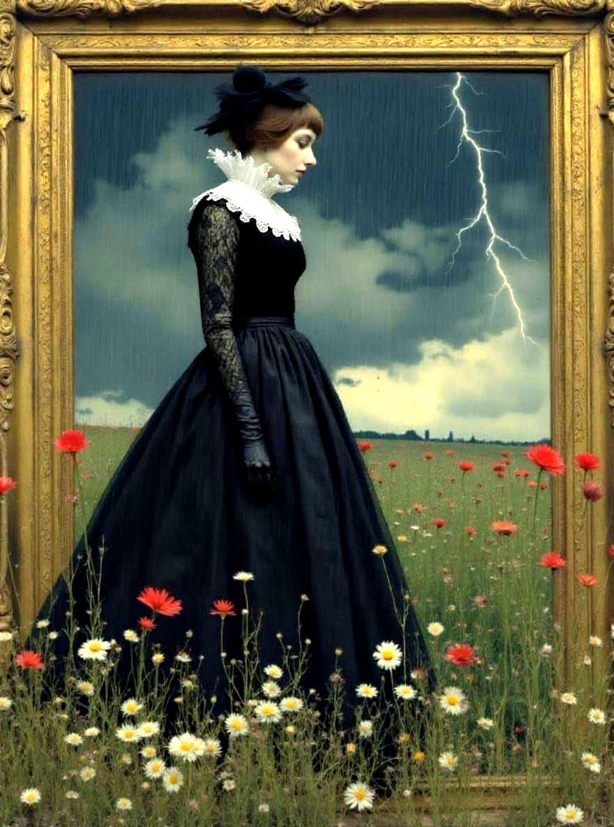 Goth Girl Wire Sculpture in Antique Gilded Frame