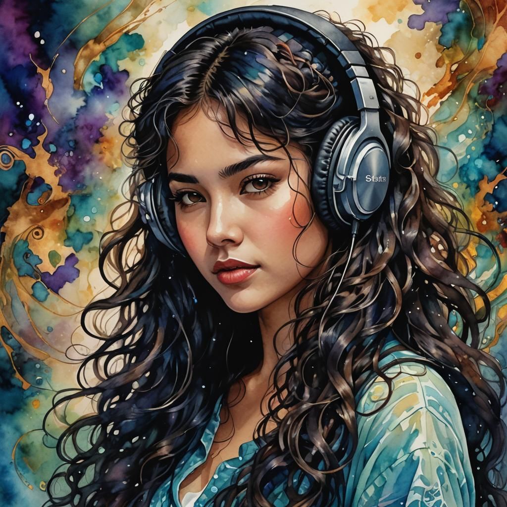 Latina Woman Listening to Music in Fairytale Setting