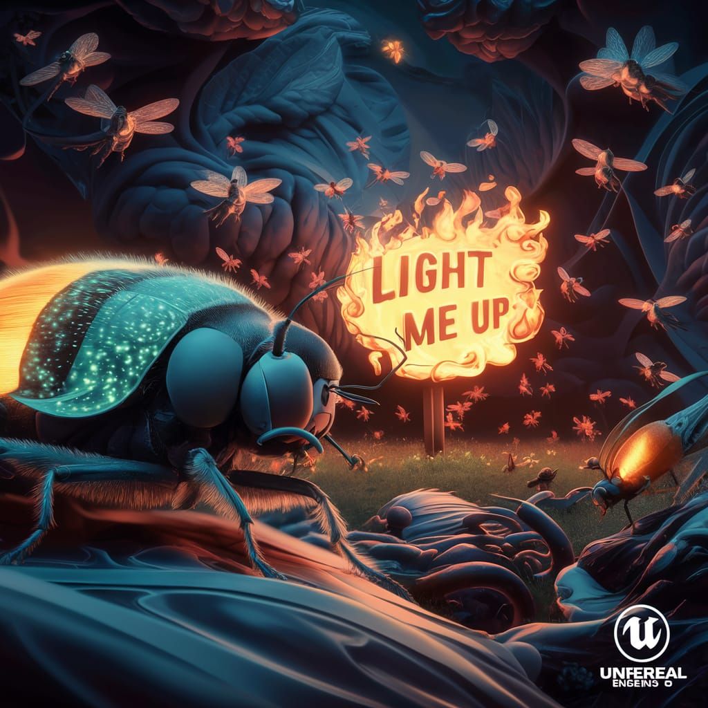 Glowbug Firefly Close-up with Flaming Sign