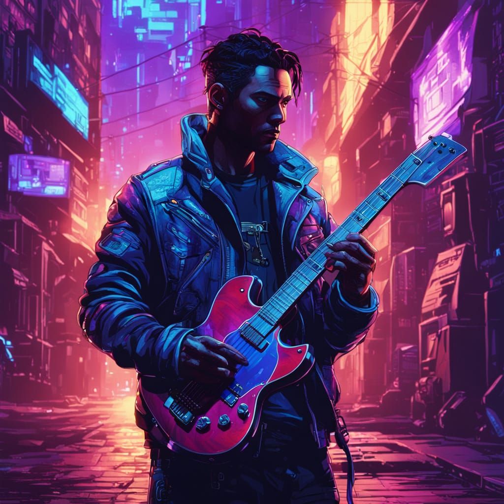 Cyberpunk Timebender Guitarist in Neon Noir Alleyway