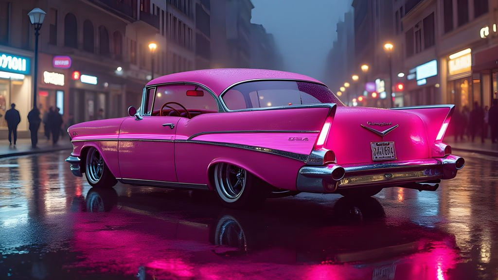 Vibrant Pink 1950s Chevy Bel Air in Neon Retrowave