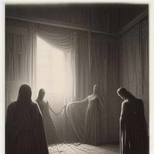 Horrific Twisted Figures in Bedroom, Woodcut Style